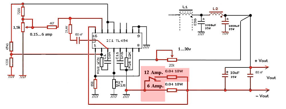 Переделка компьютерного БП. Узел измерения тока системы защиты. Переключается с 0 - 6 А, на 0 - 12 Ампер.