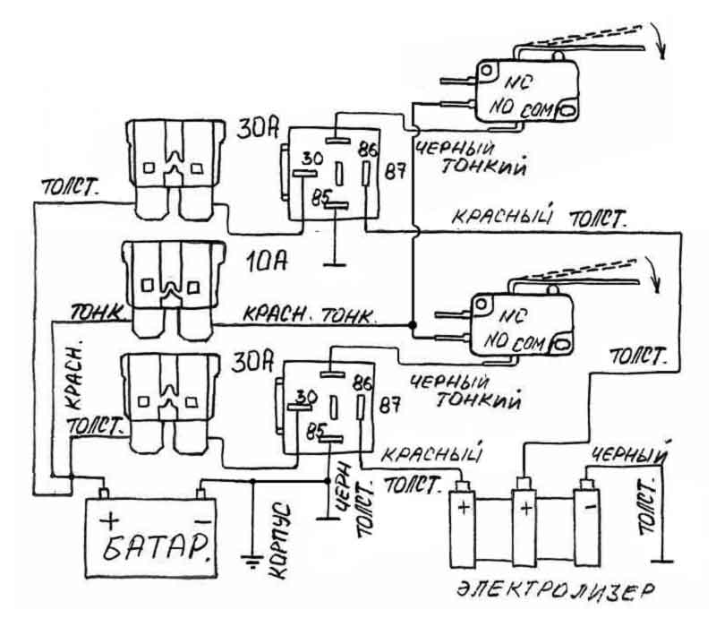 Схема подключения автомобильного электролизера. Окончательный вариант. Смотрите описание.